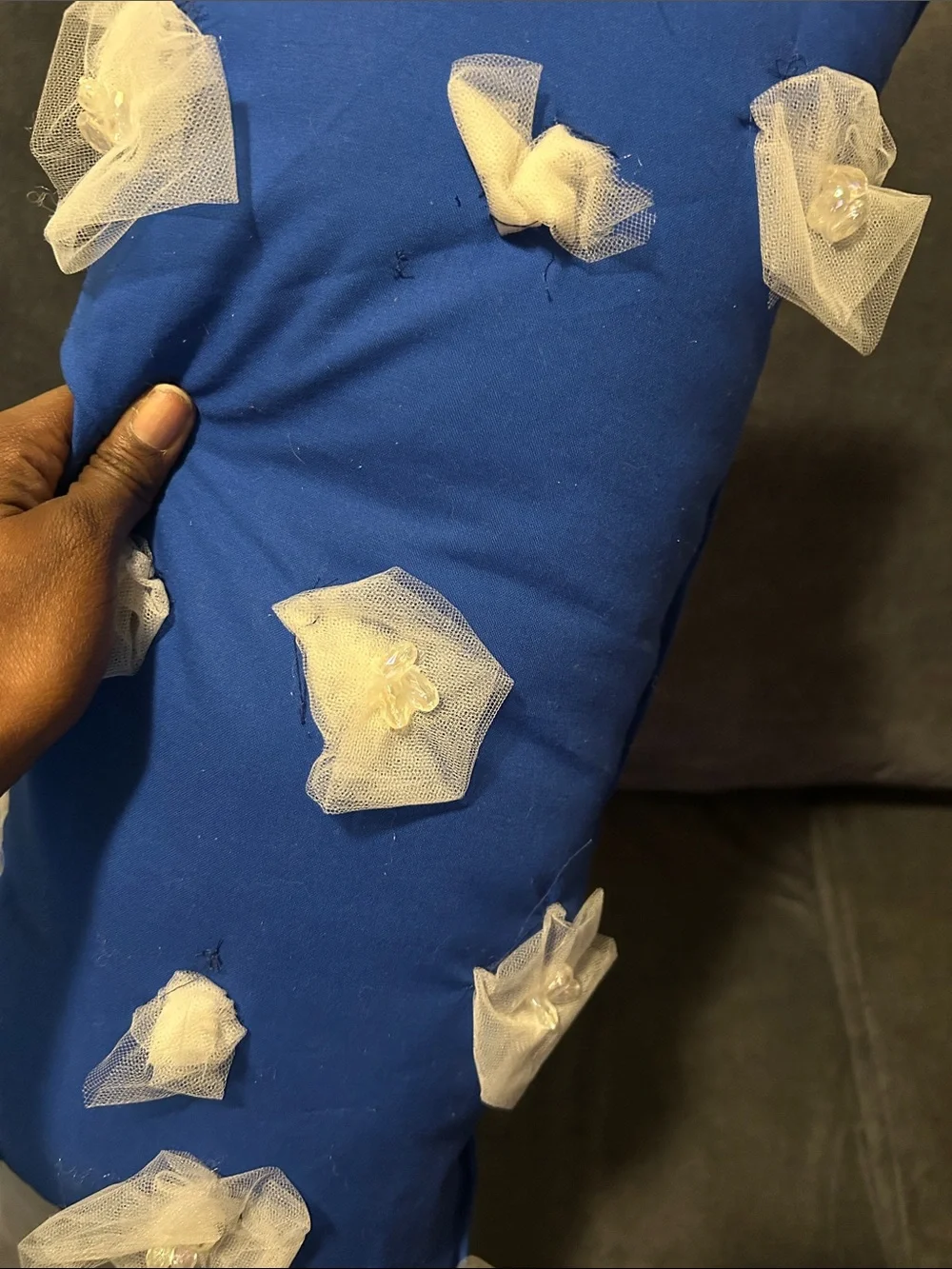 Royal Blue Lumbar Pillow with White Floral Appliqués